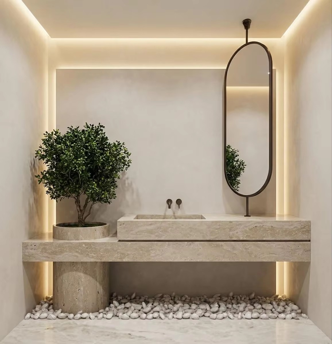 Stone bathroom countertop with integrated basin and mirror