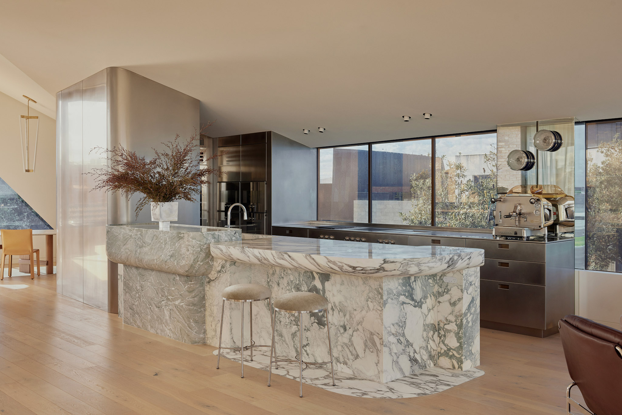 White and green marble kitchen island