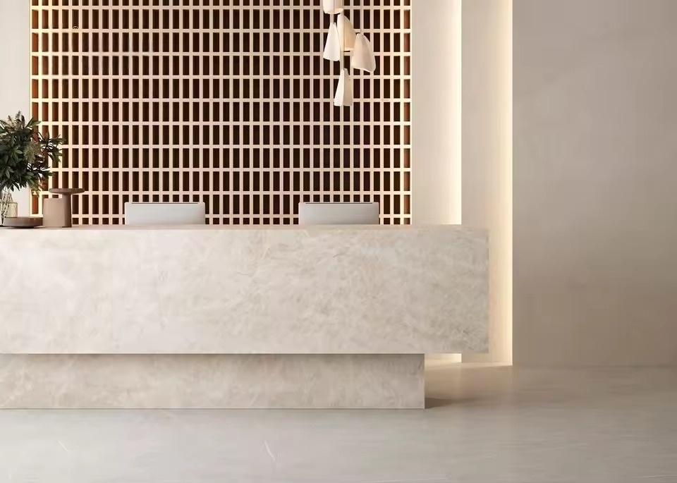 White stone reception counter in a commercial interior