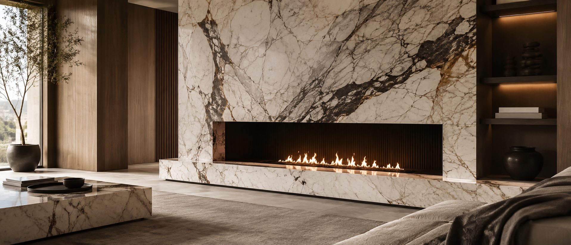 Sculptural natural stone fireplace surround