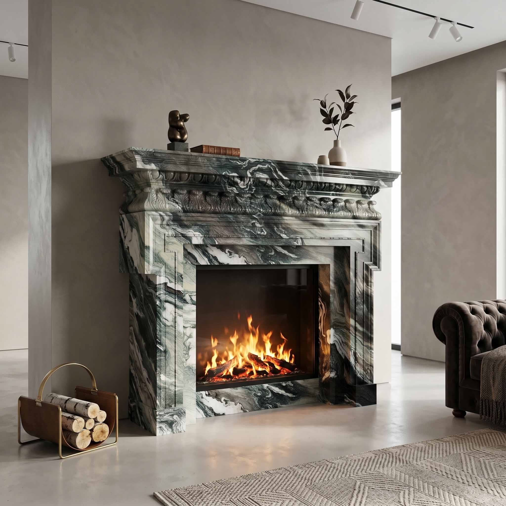 Carved green and white marble fireplace mantel with active fire