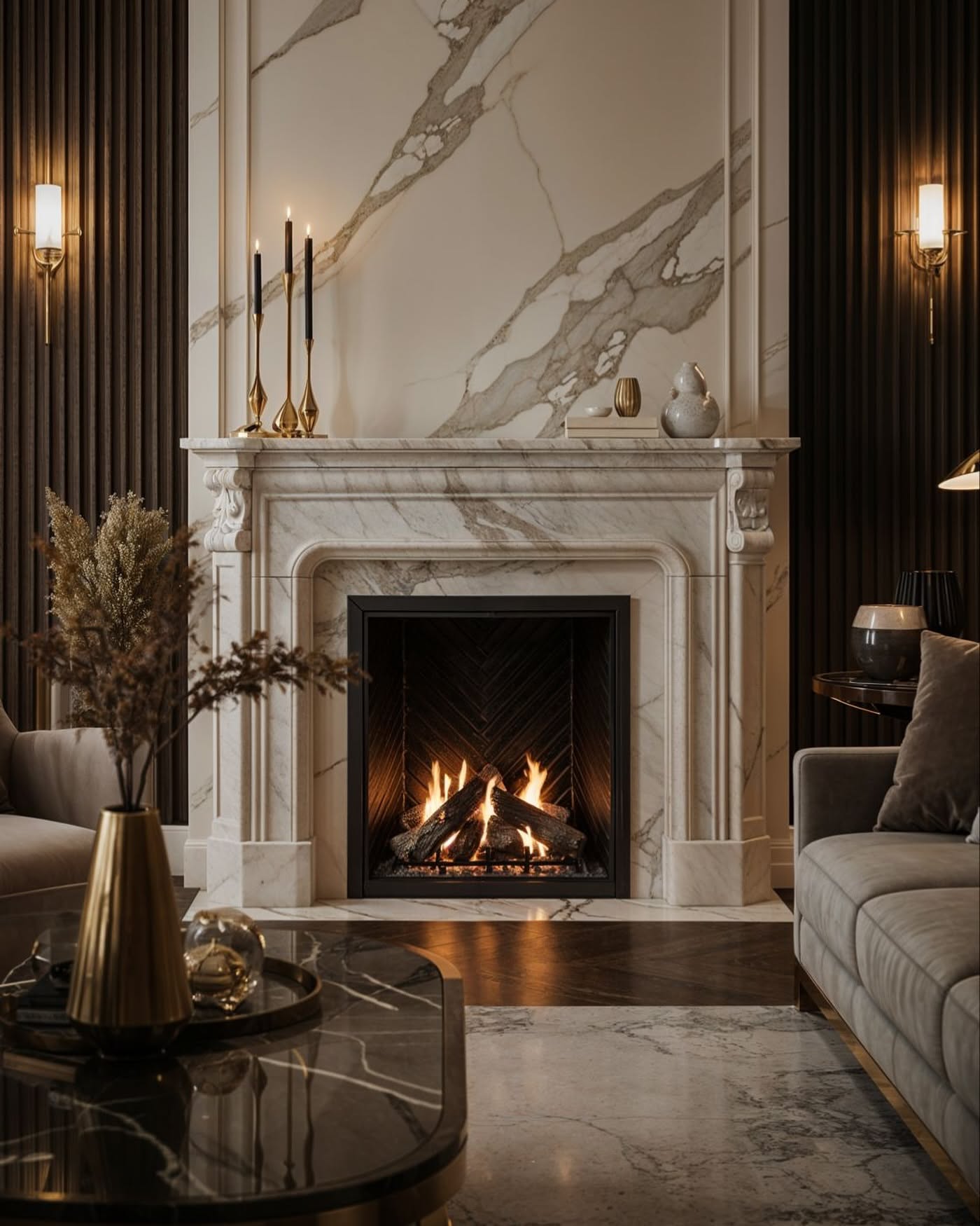 Classic white marble fireplace surround in a dark interior