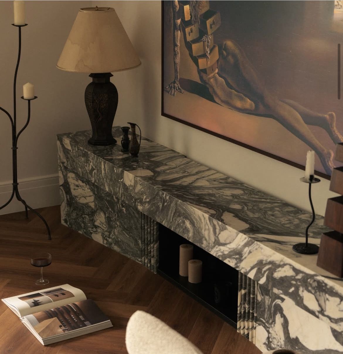 Mitered green marble fireplace mantel detail