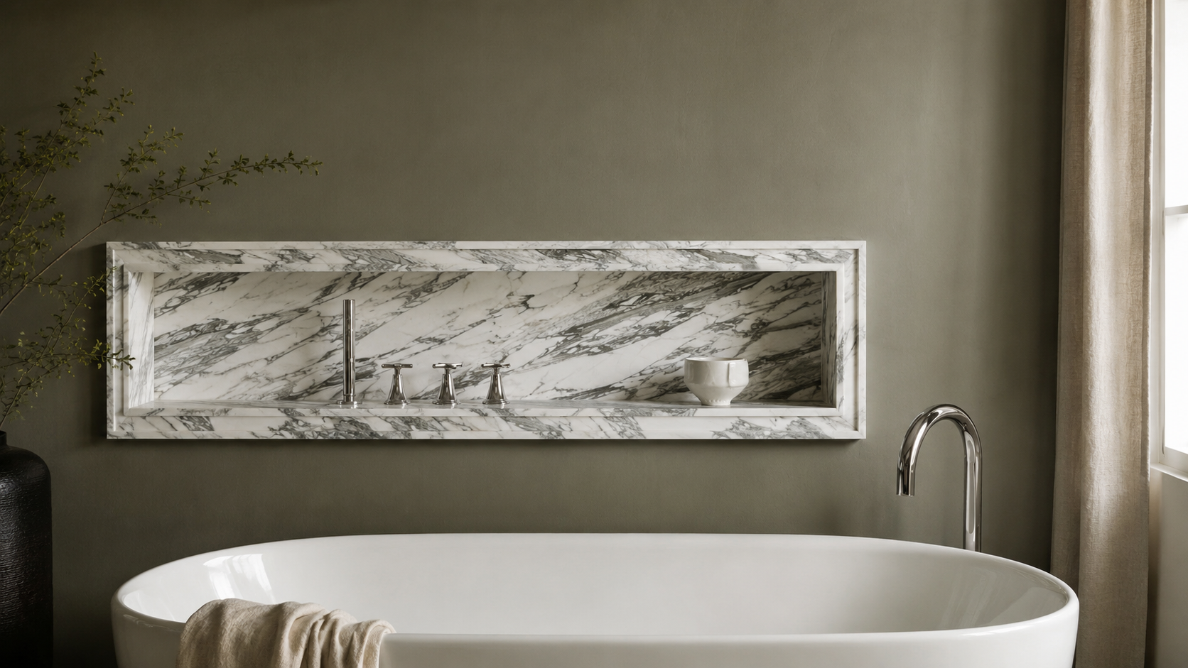 Long marble wall niche above a bathtub