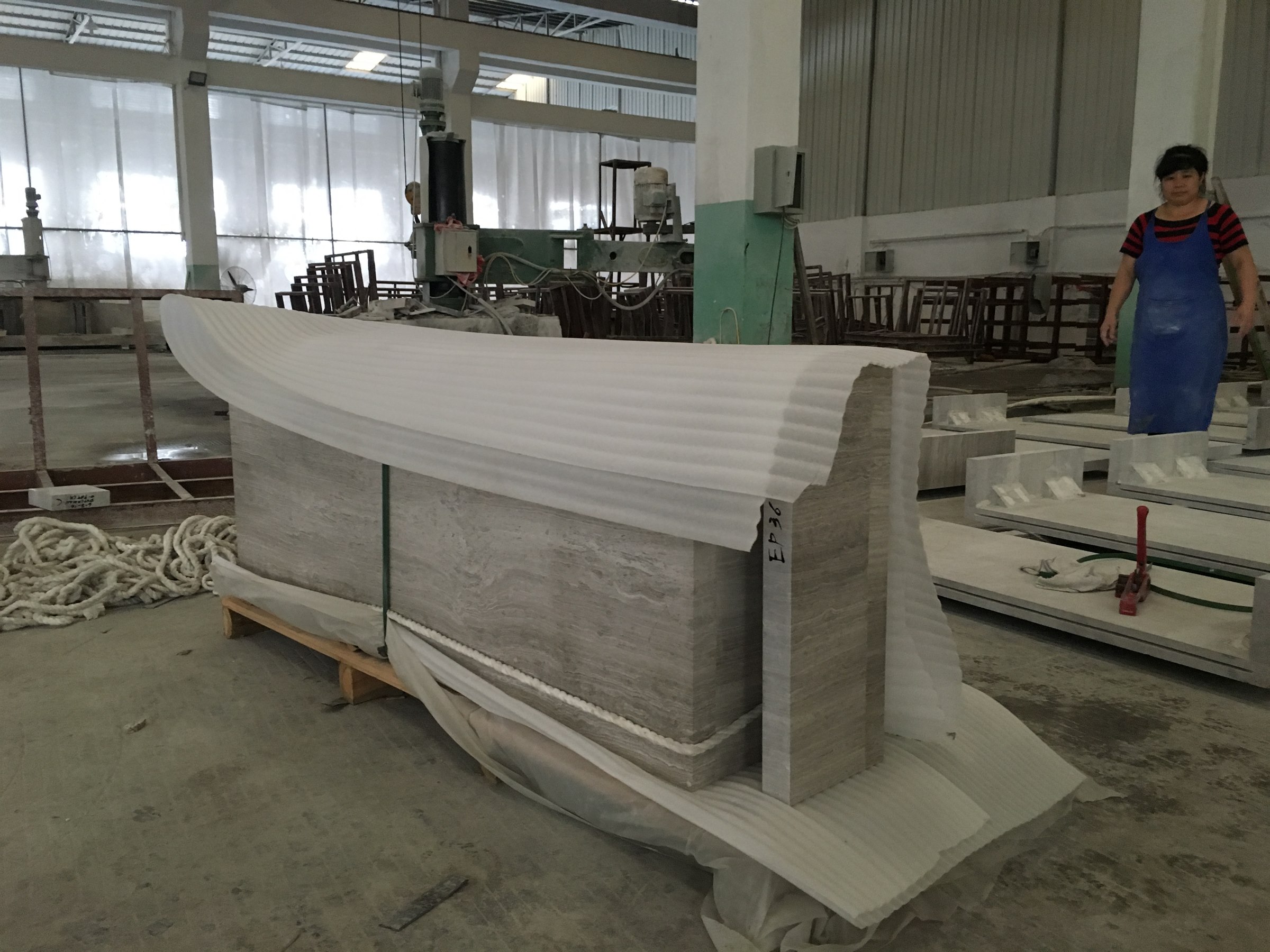 Curved marble profile during factory fabrication