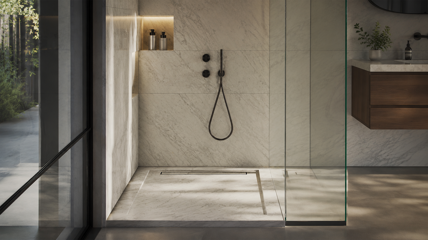 Custom natural stone shower tray in a contemporary bathroom