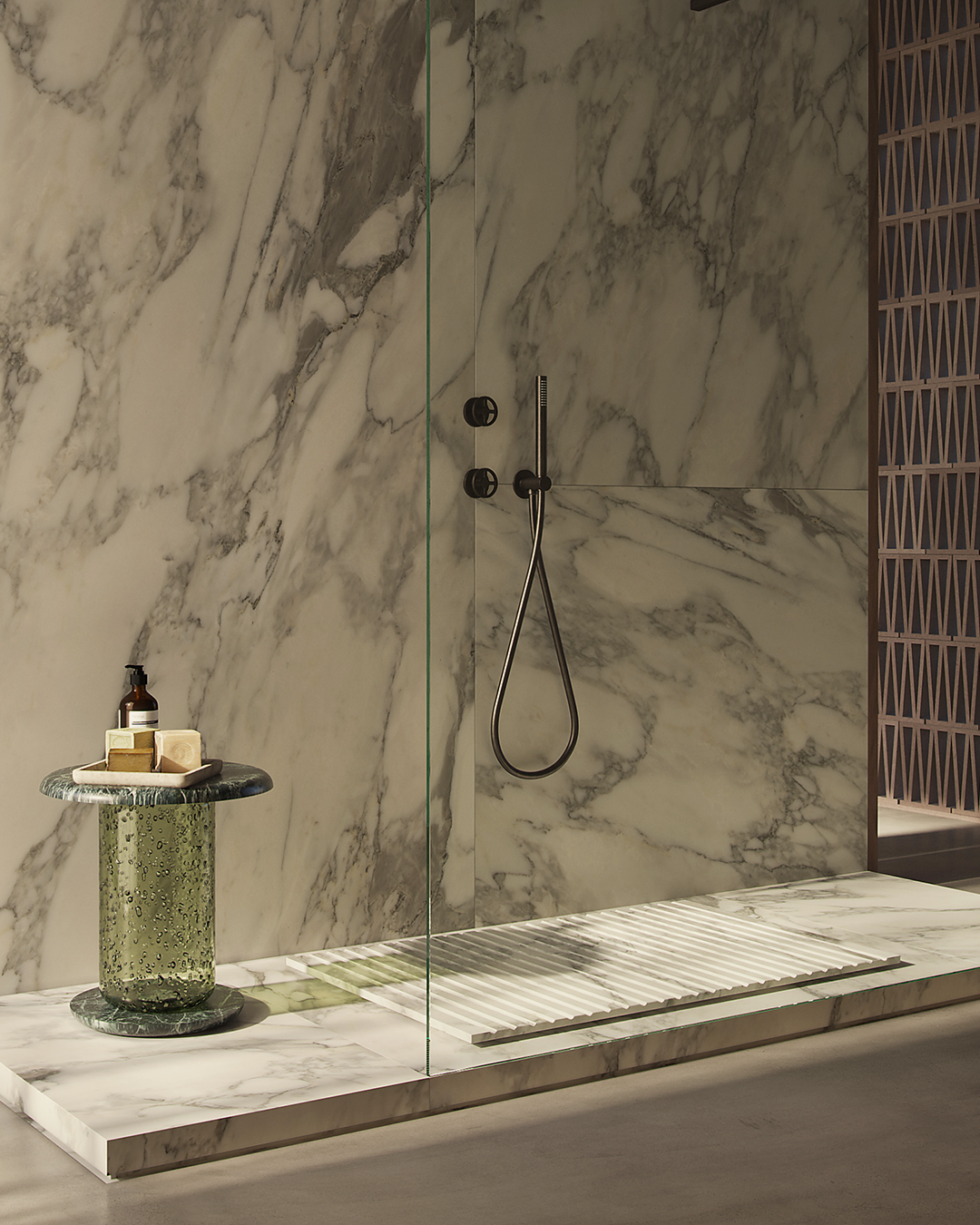 Marble shower wall and custom stone shower tray with linear drain
