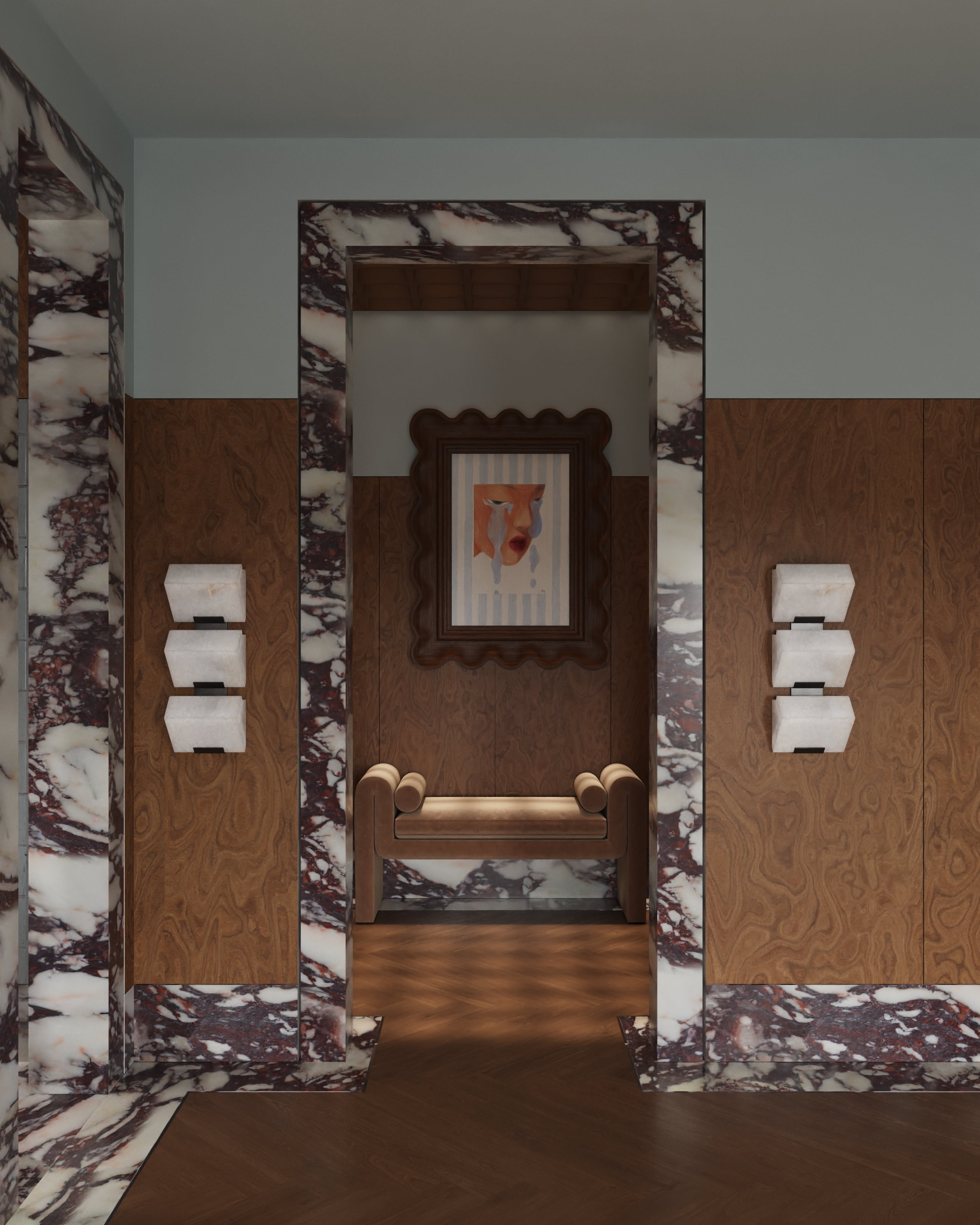 Marble skirting and doorway trim with warm wood wall panels