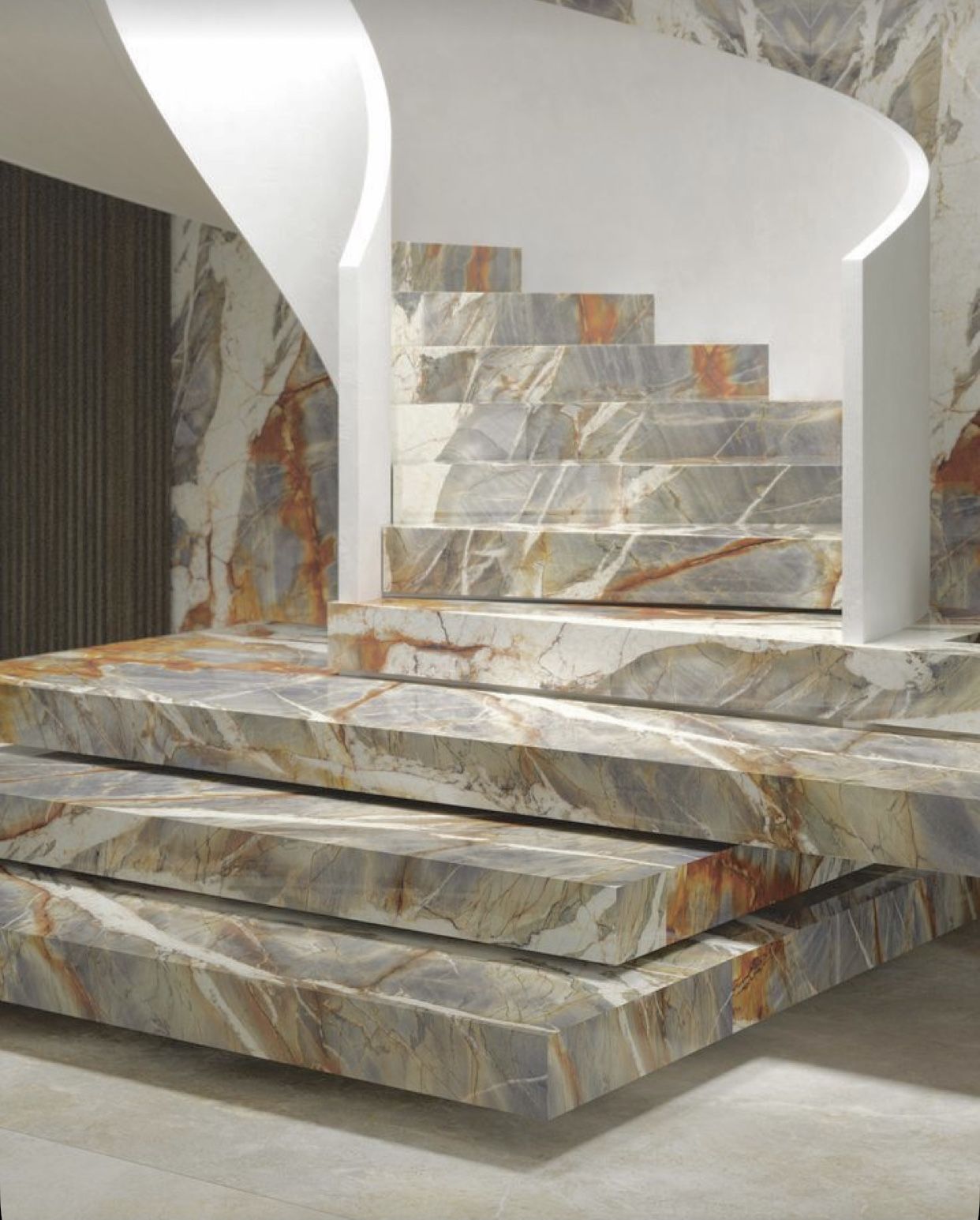 Colorful natural stone staircase with curved white railing