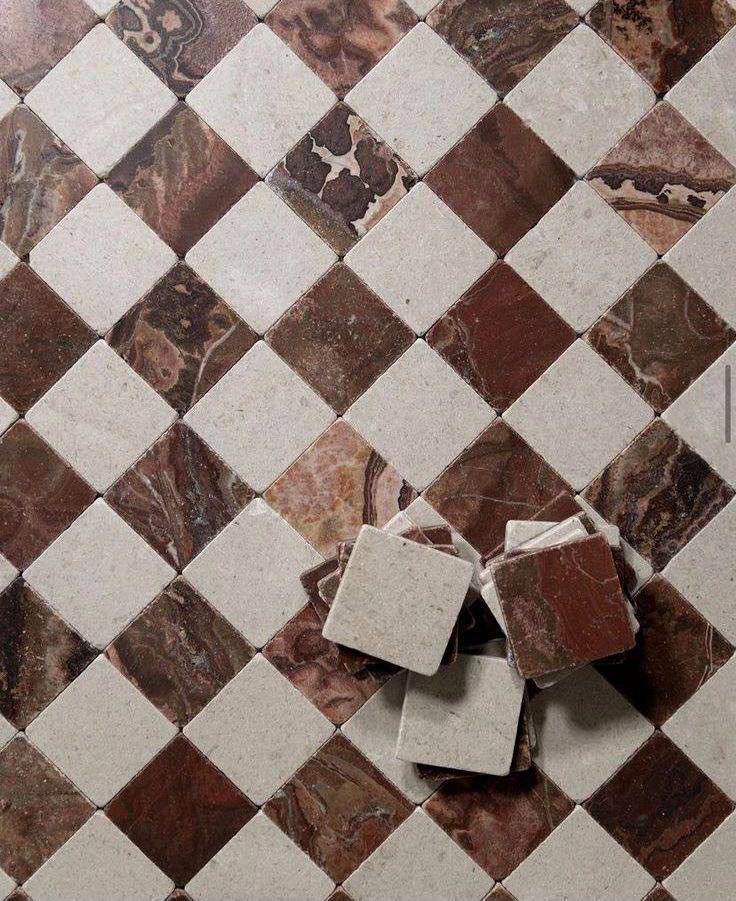 Brown and cream checkerboard natural stone tile pattern