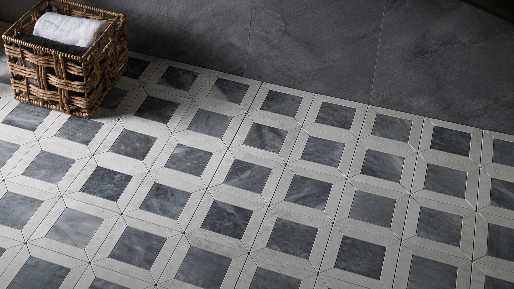 Geometric natural stone floor tile pattern with dark wall tile