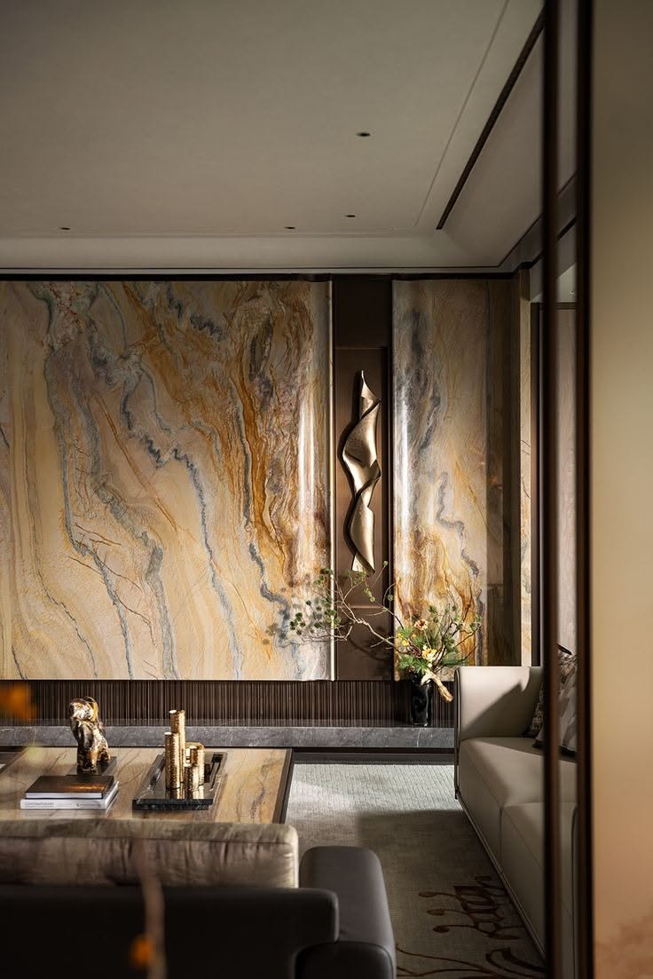 Warm natural stone feature wall in a refined living space