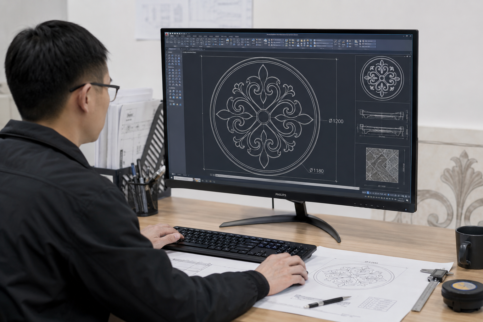 CAD design drawing for a custom waterjet stone medallion pattern