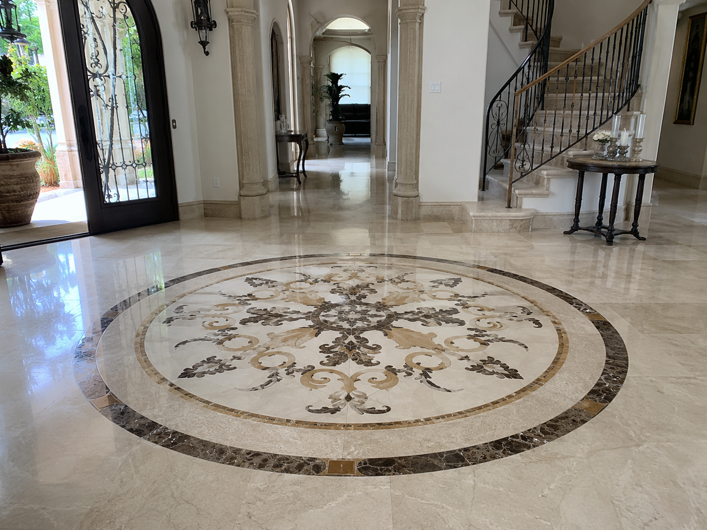 Installed marble waterjet medallion floor in a refined interior