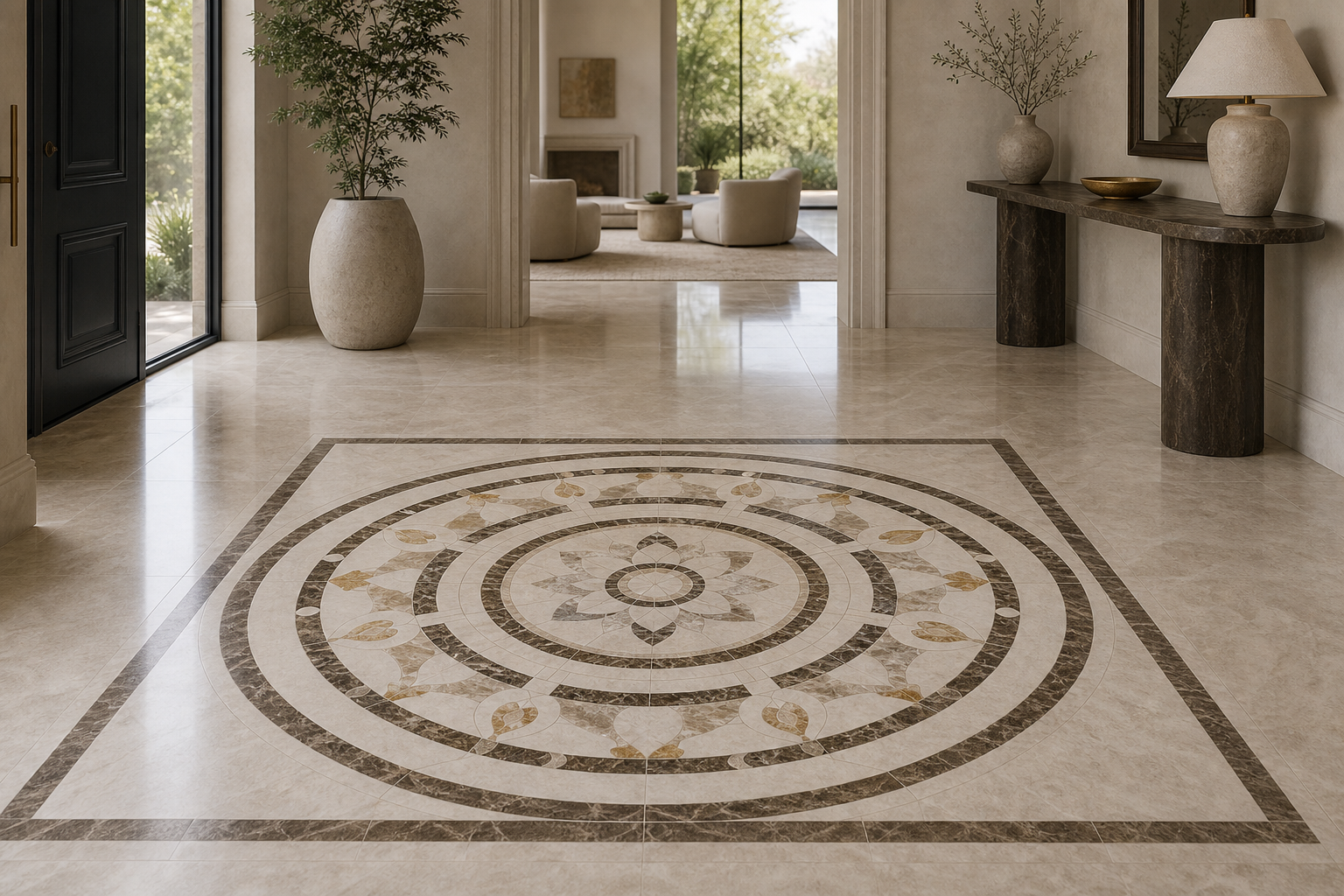 Custom marble waterjet medallion floor pattern
