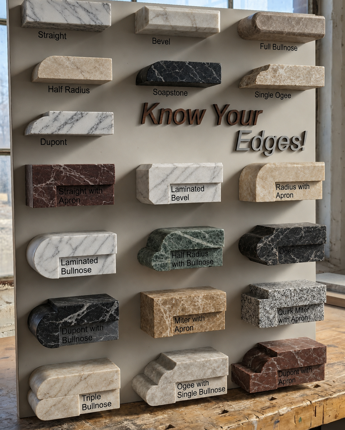 Natural stone edge profile samples for windowsills and ledges